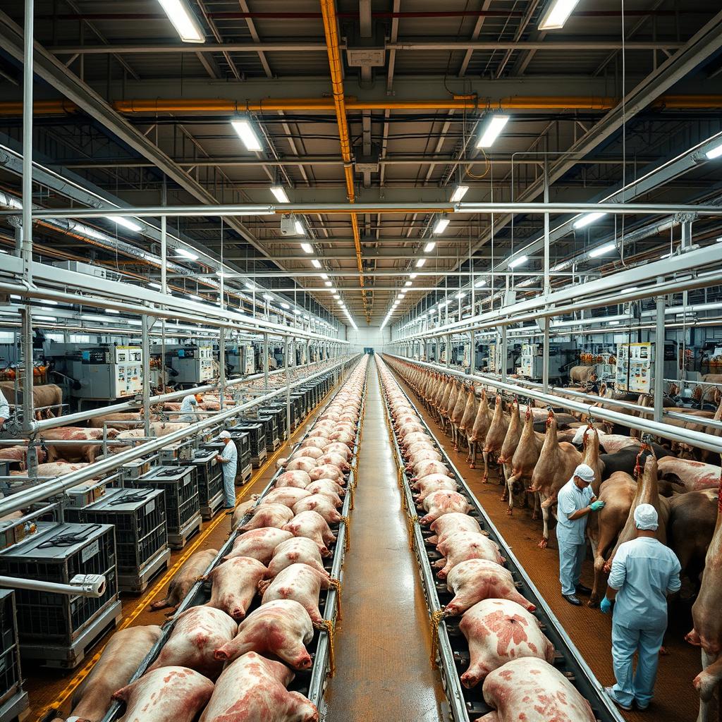 A vast industrial abattoir scene showcasing the industrial process where thousands of cattle are processed