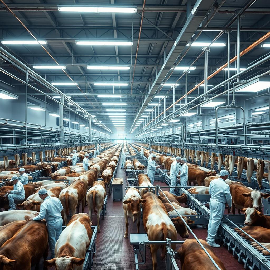 A vast industrial abattoir scene showcasing the industrial process where thousands of cattle are processed