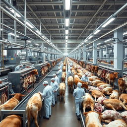 A vast industrial abattoir scene showcasing the industrial process where thousands of cattle are processed