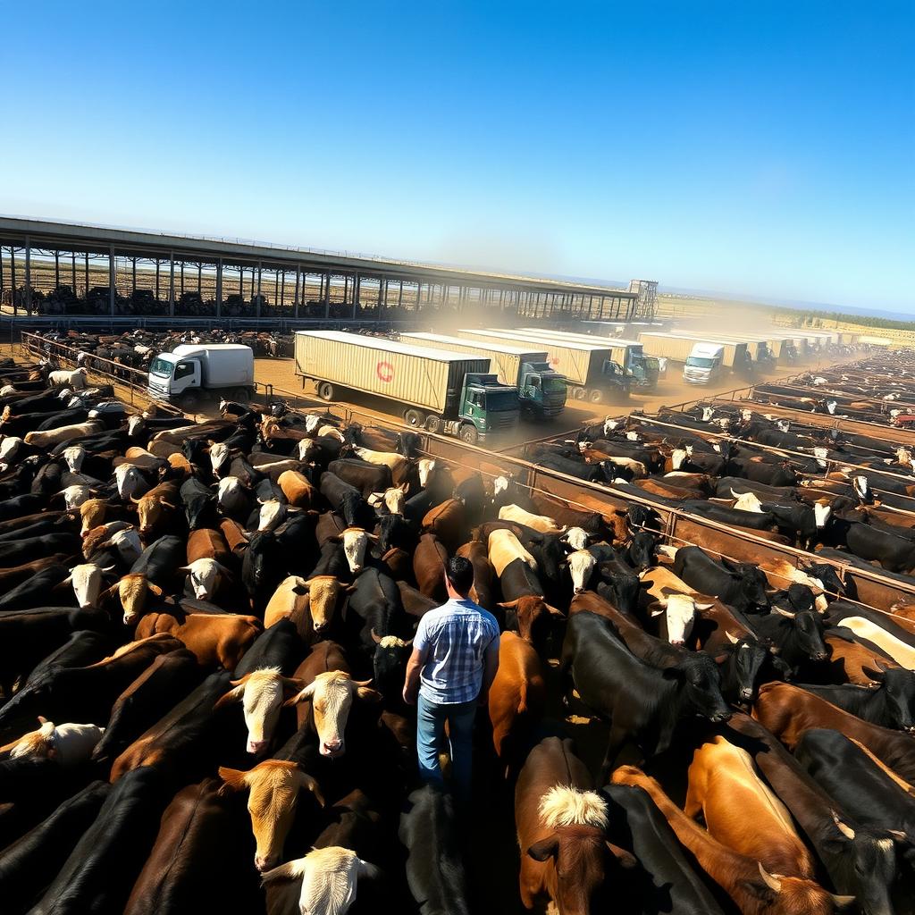 A sprawling cattle feedlot scene with thousands of cattle penned in spacious enclosures