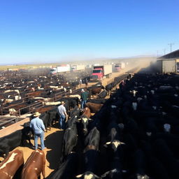 A sprawling cattle feedlot scene with thousands of cattle penned in spacious enclosures