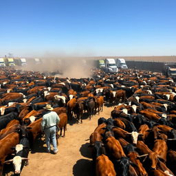 A sprawling cattle feedlot scene with thousands of cattle penned in spacious enclosures