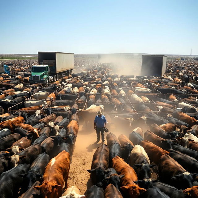 A sprawling cattle feedlot scene with thousands of cattle penned in spacious enclosures