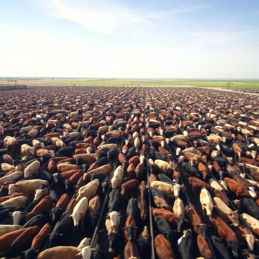 A vast cattle feedlot filled with thousands of cows