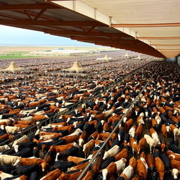 A vast cattle feedlot filled with thousands of cows