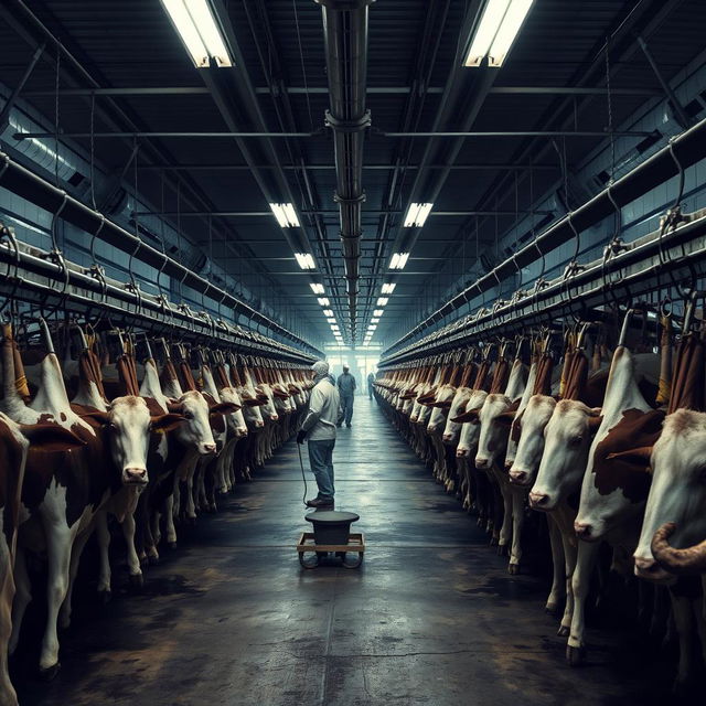 A somber and industrial scene inside a large slaughterhouse, depicting thousands of cows hanging on hooks along long metal rails