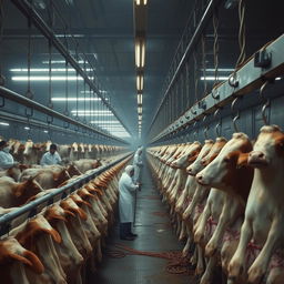 A somber and industrial scene inside a large slaughterhouse, depicting thousands of cows hanging on hooks along long metal rails