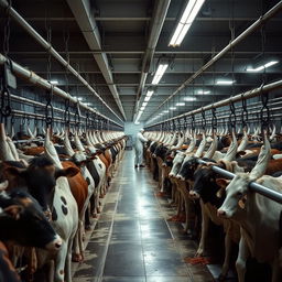 A somber and industrial scene inside a large slaughterhouse, depicting thousands of cows hanging on hooks along long metal rails