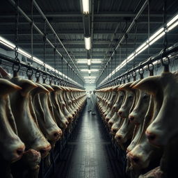 A somber and industrial scene inside a large slaughterhouse, depicting thousands of cows hanging on hooks along long metal rails