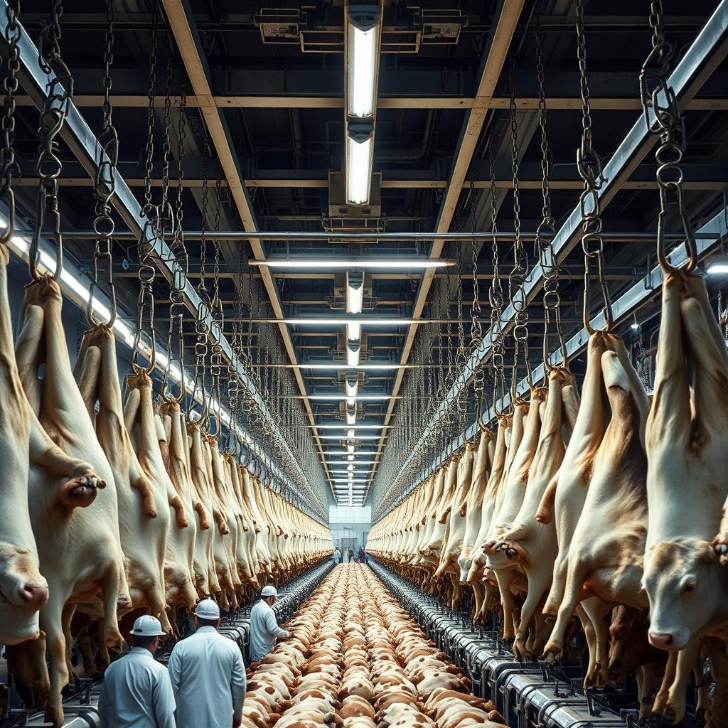 Inside a large, industrial slaughterhouse, thousands of cows hang upside down by chains and hooks