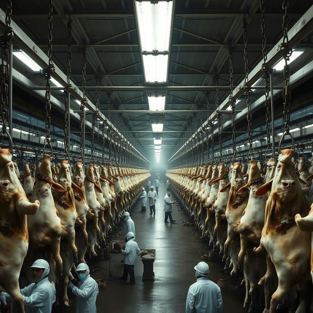 Inside a large, industrial slaughterhouse, thousands of cows hang upside down by chains and hooks