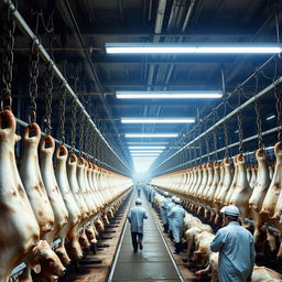 Inside a large, industrial slaughterhouse, thousands of cows hang upside down by chains and hooks