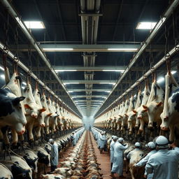 Inside a large, industrial slaughterhouse, thousands of cows hang upside down by chains and hooks