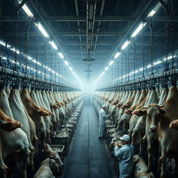 Inside a large, industrial slaughterhouse, thousands of cows hang upside down by chains and hooks