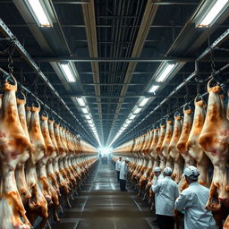 Inside a large, industrial slaughterhouse, thousands of cows hang upside down by chains and hooks