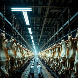 Inside a large, industrial slaughterhouse, thousands of cows hang upside down by chains and hooks