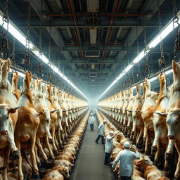 Inside a large, industrial slaughterhouse, thousands of cows hang upside down by chains and hooks