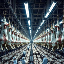 Inside a vast and industrial slaughterhouse, thousands of cows hang upside down by their feet, secured with chains and hooks