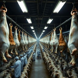 Inside a vast and industrial slaughterhouse, thousands of cows hang upside down by their feet, secured with chains and hooks