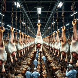 Inside a vast and industrial slaughterhouse, thousands of cows hang upside down by their feet, secured with chains and hooks