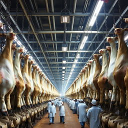 Inside a vast and industrial slaughterhouse, thousands of cows hang upside down by their feet, secured with chains and hooks