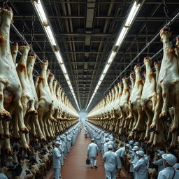 Inside a large and industrial slaughterhouse, thousands of cows are hanging upside down by their feet, secured with chains and hooks