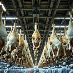 Inside a large and industrial slaughterhouse, thousands of cows are hanging upside down by their feet, secured with chains and hooks