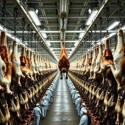 Inside a large and industrial slaughterhouse, thousands of cows are hanging upside down by their feet, secured with chains and hooks