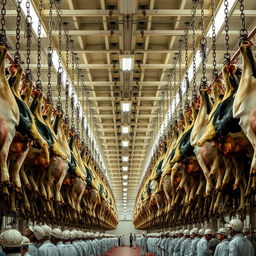 Inside a large and industrial slaughterhouse, thousands of cows are hanging upside down by their feet, secured with chains and hooks