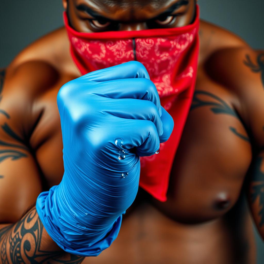 extreme close-up of a large muscular African American gang member, wearing a red bandana mask covering his nose and mouth, and showcasing intricate tattoos