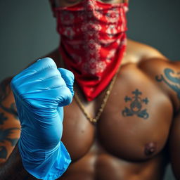 extreme close-up of a large muscular African American gang member, wearing a red bandana mask covering his nose and mouth, and showcasing intricate tattoos