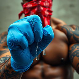 extreme close-up of a large muscular African American gang member, wearing a red bandana mask covering his nose and mouth, and showcasing intricate tattoos