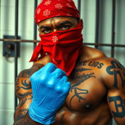 extreme close-up of a large, muscular African American gang member, showcasing a torso shot