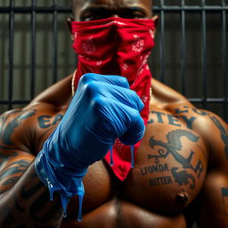 extreme close-up of a large, muscular African American gang member, showcasing a torso shot