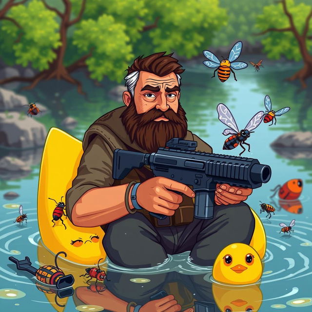 A middle-aged man with a dark brown, rugged beard and a determined expression, wearing outdoor clothes, sitting in a large, cartoonish yellow rubber duck