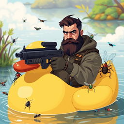 A middle-aged man with a dark brown, rugged beard and a determined expression, wearing outdoor clothes, sitting in a large, cartoonish yellow rubber duck