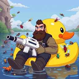 A middle-aged man with a dark brown, rugged beard and a determined expression, wearing outdoor clothes, sitting in a large, cartoonish yellow rubber duck