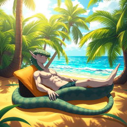 An anime-inspired character, resembling the style of Naga the Serpent, sunbathing in an exotic beach setting