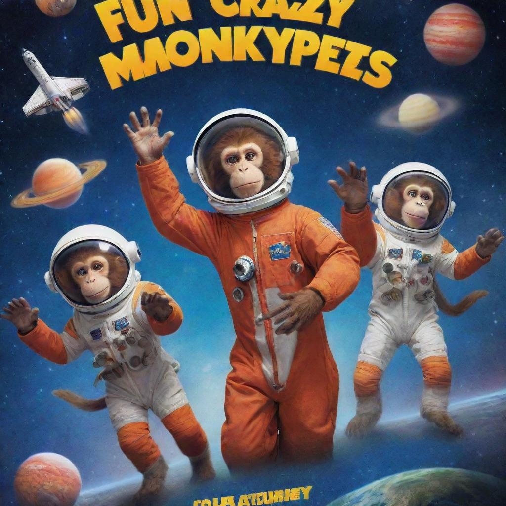 A vibrant and humorous movie poster for a children's comedy called 'Fun Crazy Monkeys in Space'. It showcases gleeful monkeys in astronaut suits causing chaos among stars, planets and rockets, with the comedic title placing prominently.