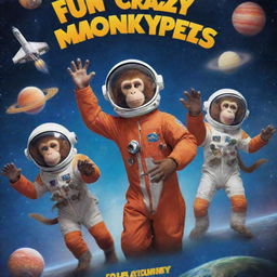 A vibrant and humorous movie poster for a children's comedy called 'Fun Crazy Monkeys in Space'. It showcases gleeful monkeys in astronaut suits causing chaos among stars, planets and rockets, with the comedic title placing prominently.