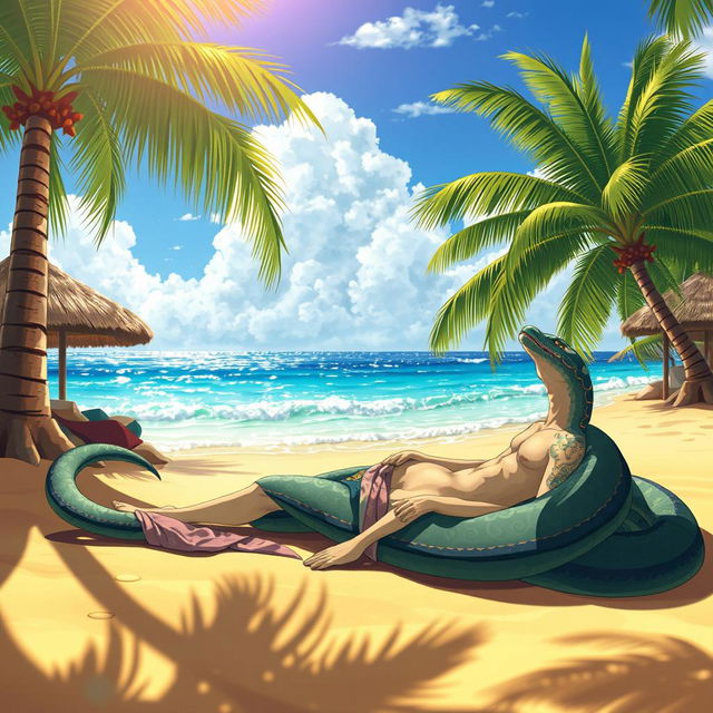 An anime-inspired character, resembling the style of Naga the Serpent, sunbathing in an exotic beach setting