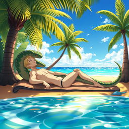 An anime-inspired character, resembling the style of Naga the Serpent, sunbathing in an exotic beach setting