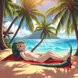 An anime-inspired character, resembling the style of Naga the Serpent, sunbathing in an exotic beach setting