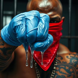 extreme close-up shot of a large muscular African American gang member, featuring a red bandana mask covering nose and mouth, showing intricate tattoos on visible skin