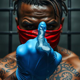 extreme close-up shot of a large muscular African American gang member, featuring a red bandana mask covering nose and mouth, showing intricate tattoos on visible skin