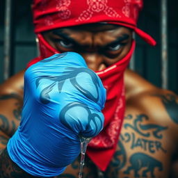 extreme close-up shot of a large muscular African American gang member, featuring a red bandana mask covering nose and mouth, showing intricate tattoos on visible skin