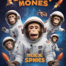 A vibrant and humorous movie poster for a children's comedy called 'Fun Crazy Monkeys in Space'. It showcases gleeful monkeys in astronaut suits causing chaos among stars, planets and rockets, with the comedic title placing prominently.