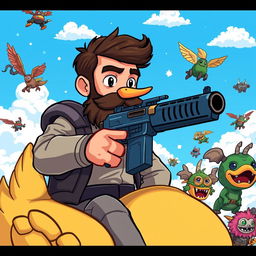 A young man, appearing between 30 to 35 years old, with a slightly fuller figure and a full dark brown beard, determinedly sitting in a large, cartoonish duck
