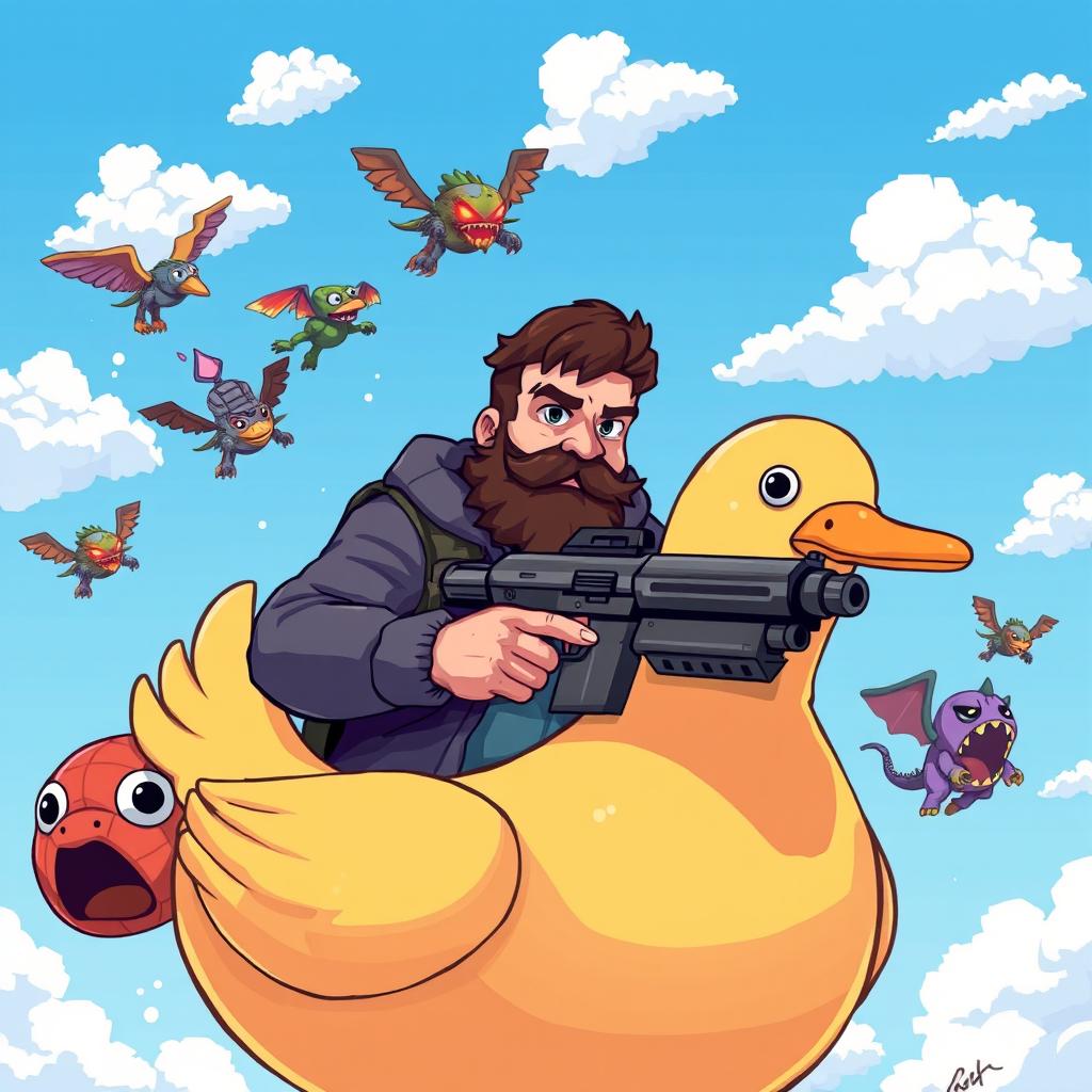 A young man, appearing between 30 to 35 years old, with a slightly fuller figure and a full dark brown beard, determinedly sitting in a large, cartoonish duck