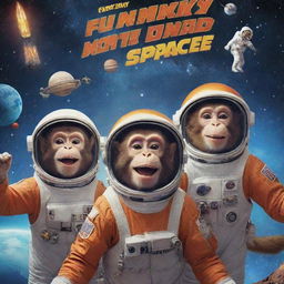 A vibrant and humorous movie poster for a children's comedy called 'Fun Crazy Monkeys in Space'. It showcases gleeful monkeys in astronaut suits causing chaos among stars, planets and rockets, with the comedic title placing prominently.